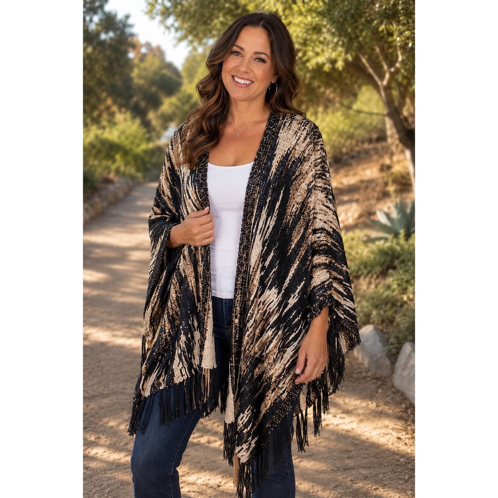 CHICO'S Women's One Size Black Tan Cream Shawl -1998